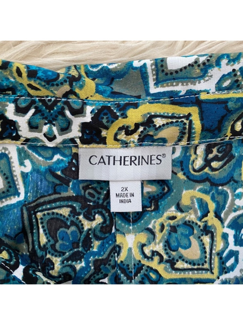 Catherines Timeless Blouse Deep Teal Tile Paisley Blue Green Button Up Shirt 2X - Picture 9 of 10